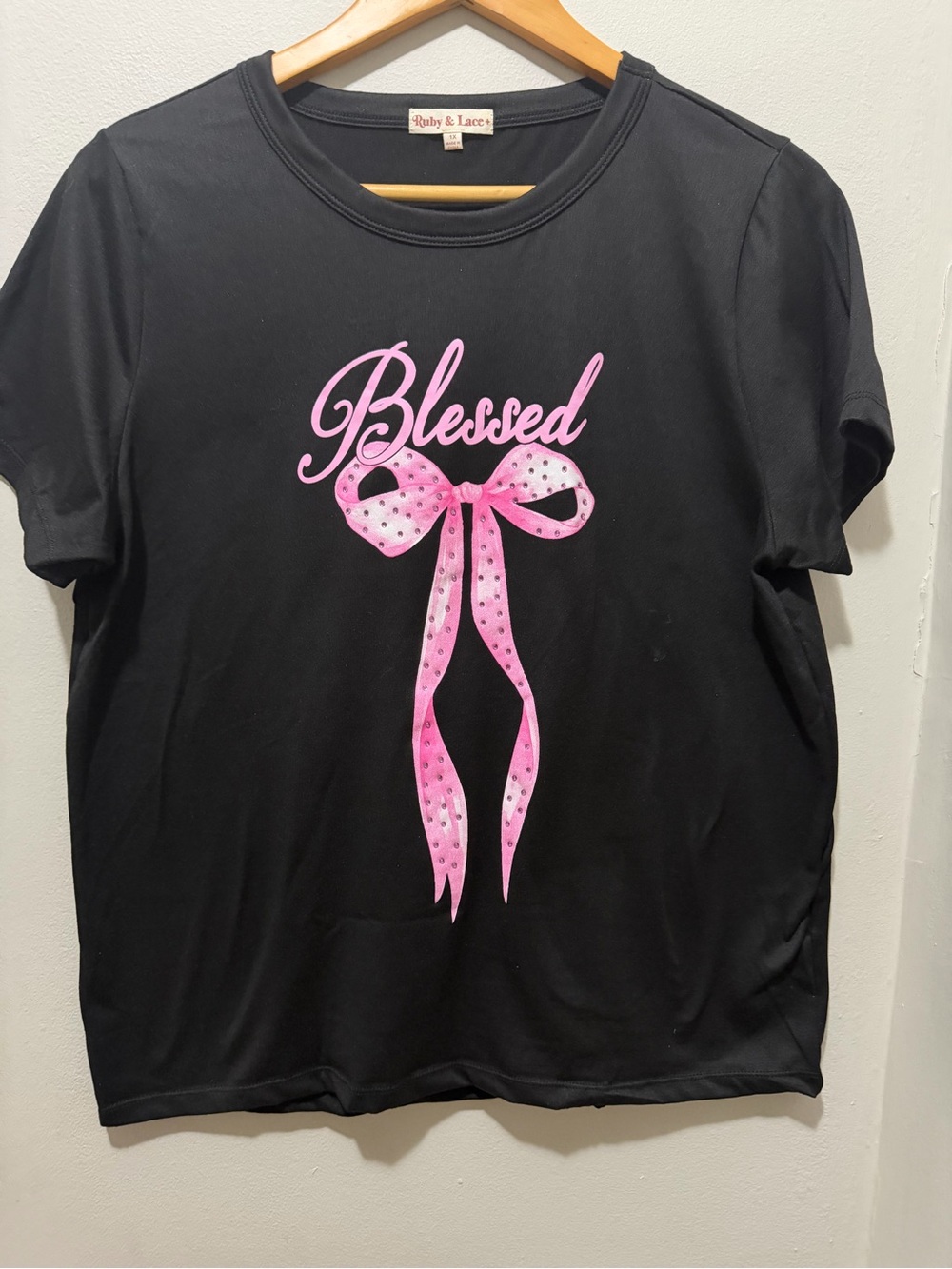 Black 'Blessed' Tee with Pink Bow Graphic